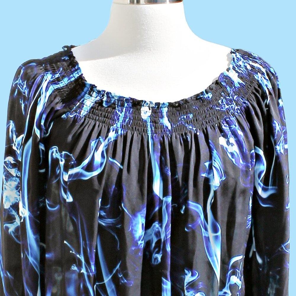 Artelier Nicole Miller Women's Silk Blouse Abstract Blue Smoke Swirls Print